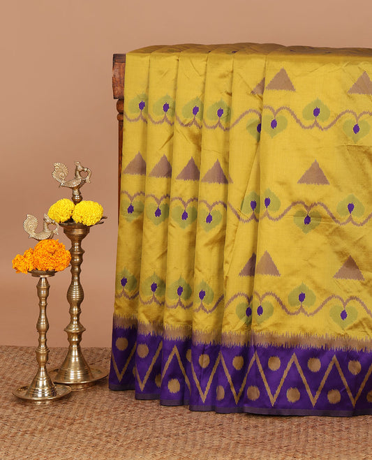 Yellow unique motifs thread weave pochampally ikat mulberry silk saree, contrast chevron & polka dot border and zari-rich intricate pallu