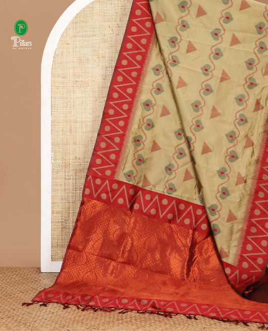Light brown unique motifs thread weave pochampally ikat mulberry silk saree, contrast chevron & polka dot border and zari-rich intricate pallu