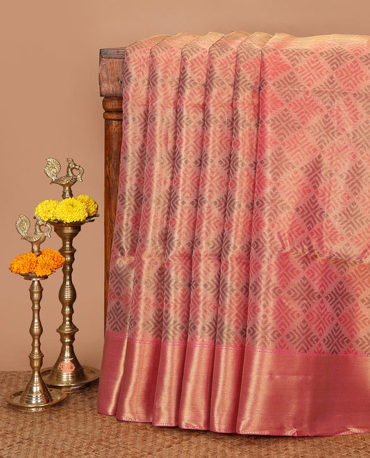 Pink intricately screen-printed banaras tissue saree, zari bavanji border, brocade weave pallu & contrast brocade blouse