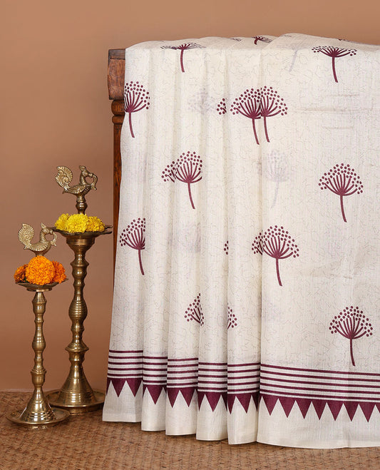 Cream floral-style printed khadi cotton saree, contrast purple temple & lining printed border, lining printed border & printed blouse