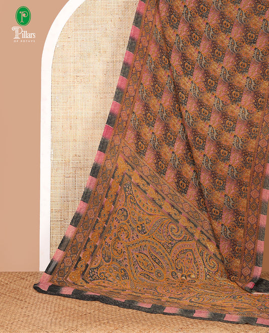 Multi-color intricate floral printed kimaya saree, ogee printed border, intricately printed pallu & contrast color printed blouse