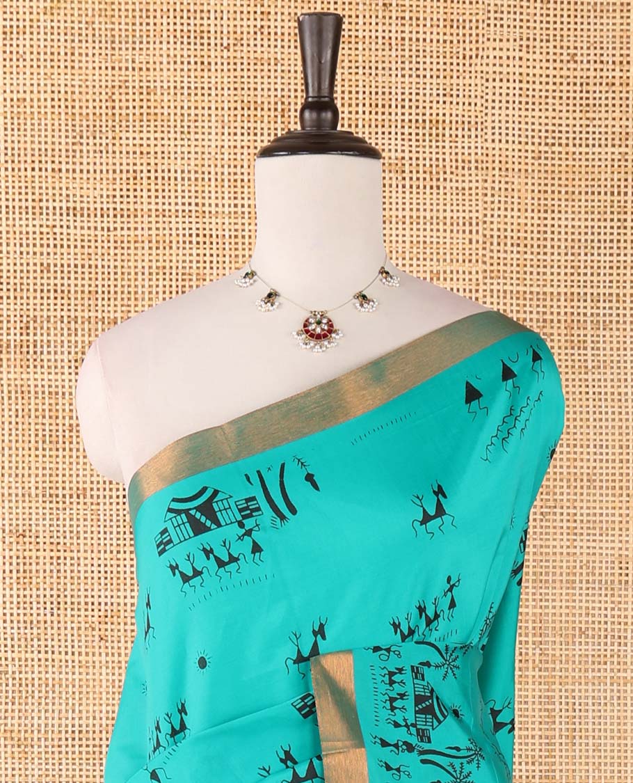 Teal blue warli motifs printed micro-silk saree, copper zari small border, contrast warli printed pallu & plain blouse