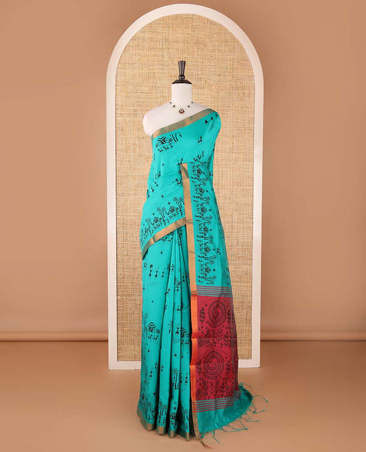 Teal blue warli motifs printed micro-silk saree, copper zari small border, contrast warli printed pallu & plain blouse