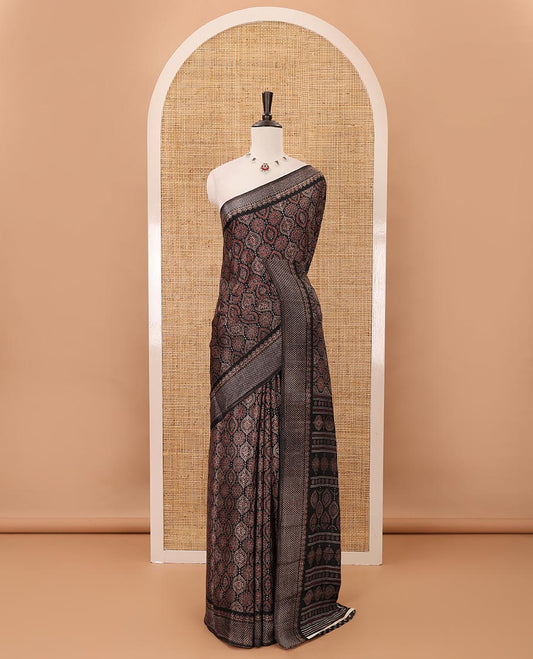 Black Ajrakh-printed turkey crepe saree, printed border, Ajrakh-printed pallu & small buttas printed blouse