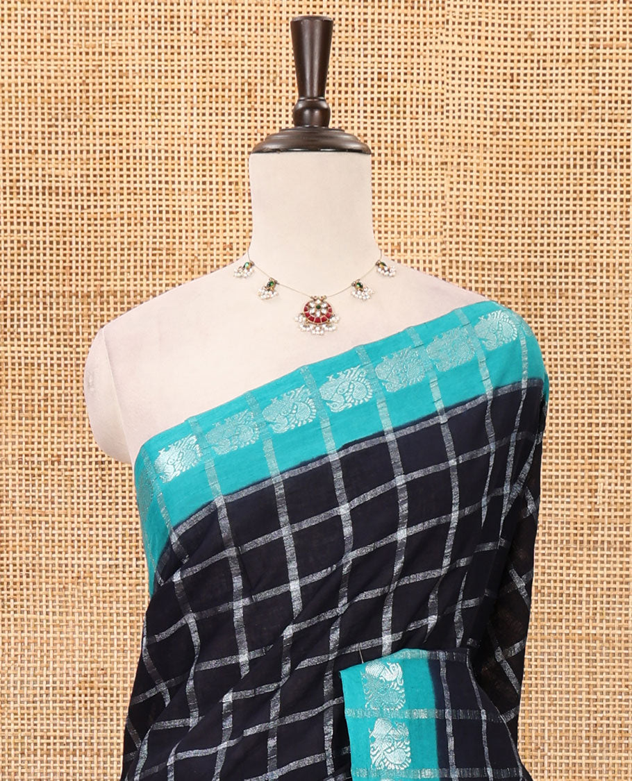 Navy blue zari checked sungudi cotton saree, contrast blue border of zari peacock motifs & checked peacock motif blue blouse