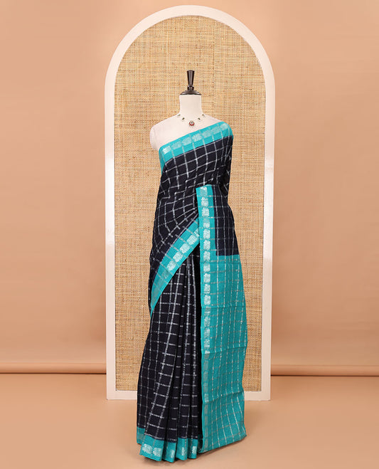 Navy blue zari checked sungudi cotton saree, contrast blue border of zari peacock motifs & checked peacock motif blue blouse