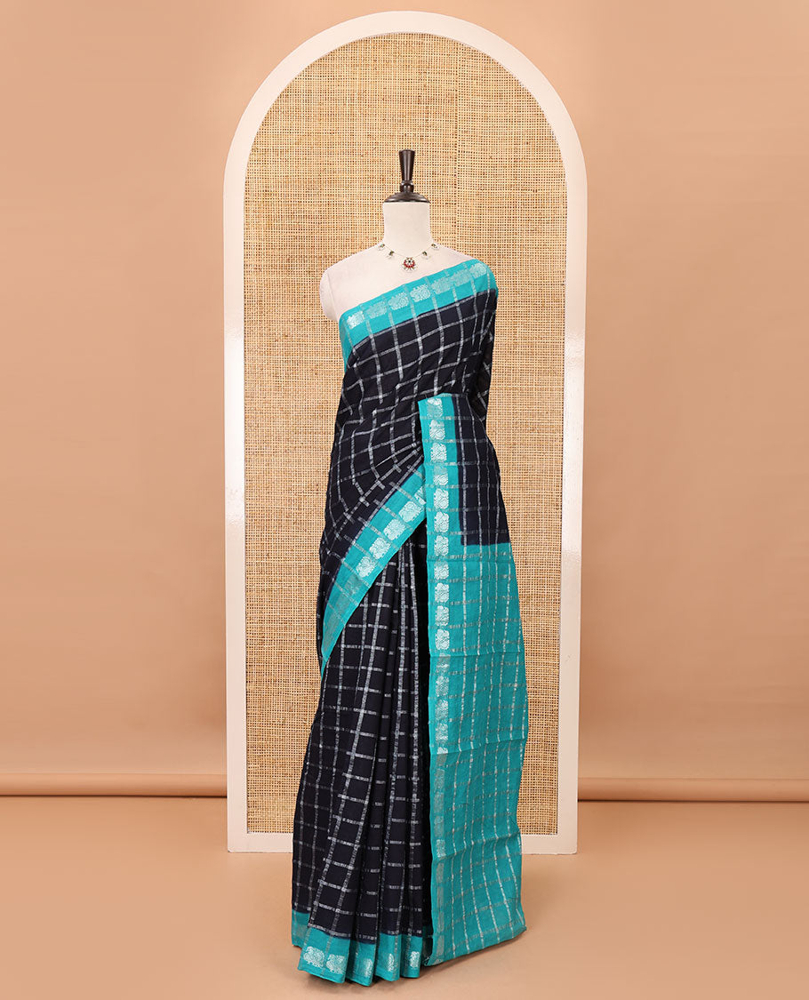 Navy blue zari checked sungudi cotton saree, contrast blue border of zari peacock motifs & checked peacock motif blue blouse