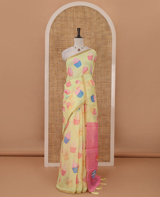 Pastel yellow cupcake & Ice Cream motifs printed Linen saree, piping border, contrast Cone Ice Cream motif printed pallu & pink printed blouse