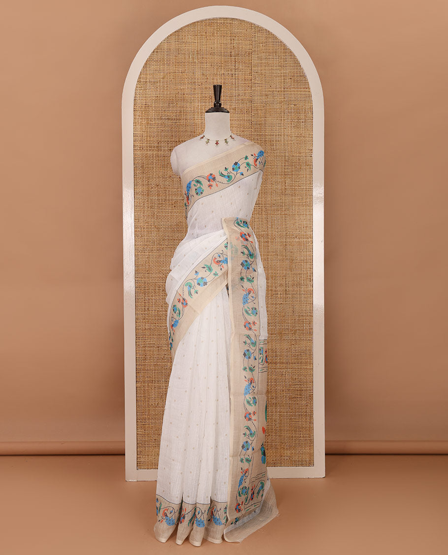 White small dotted buttas linen cotton saree, contrast border & pallu of paithani-style parrot, peacock, & floral vine designs
