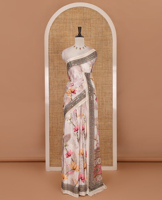 Cream small checks & colorful floral printed mirror embroidered masakali saree, self-border & pallu of print & embroidery work & printed blouse
