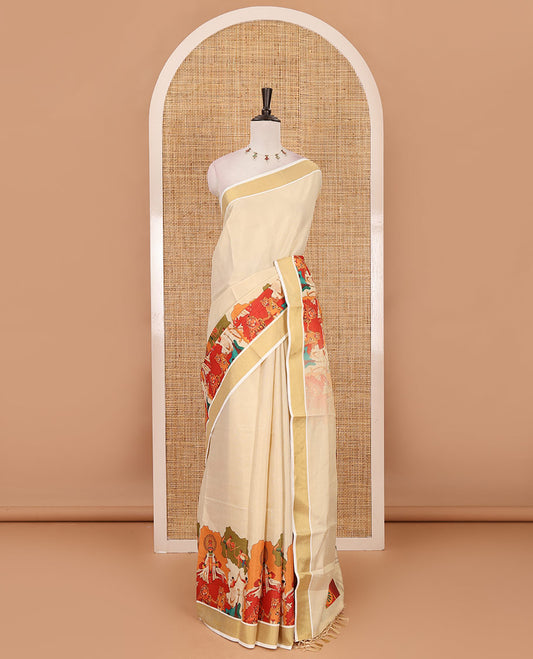 Cream kathakali motifs printed kerala saree, gold zari bavanji border, big kathakali motifs printed pallu & contrast Ajrakh printed blouse