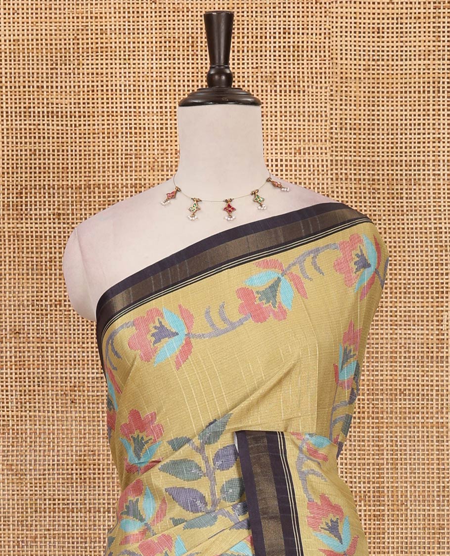 Yellow jamdani-style floral vine printed katan silk saree, contrast zari border, pallu mirroring the same body design & contrast printed blouse