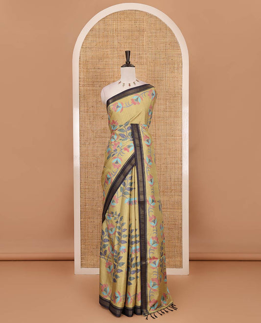 Yellow jamdani-style floral vine printed katan silk saree, contrast zari border, pallu mirroring the same body design & contrast printed blouse