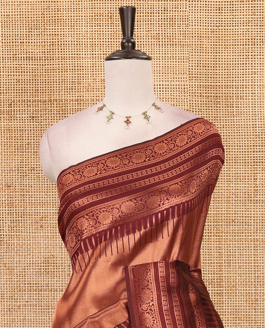 Maroon kanchi tissue jacquard saree, traditional zari temple border, zari woven jaal pallu & contrast small buttas blouse