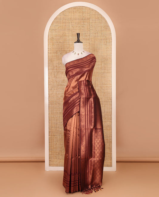 Maroon kanchi tissue jacquard saree, traditional zari temple border, zari woven jaal pallu & contrast small buttas blouse