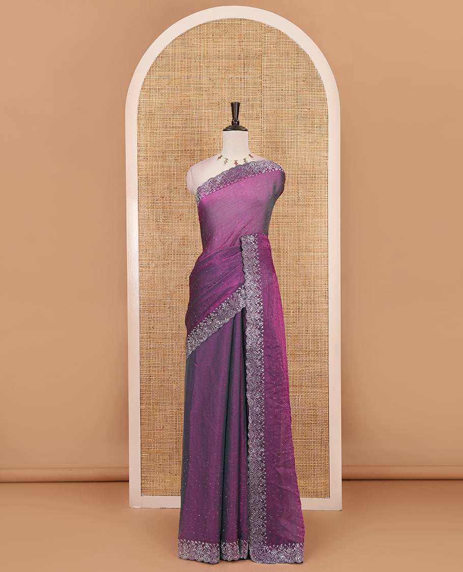 Purple Swarovski crystal stone embedded fendy chiffon saree, scallop border accentuated with floral and scallop design in Swarovski stones