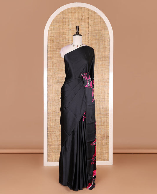 Borderless black-pink batik style abstract digital printed satin crepe saree with blouse of small buttas