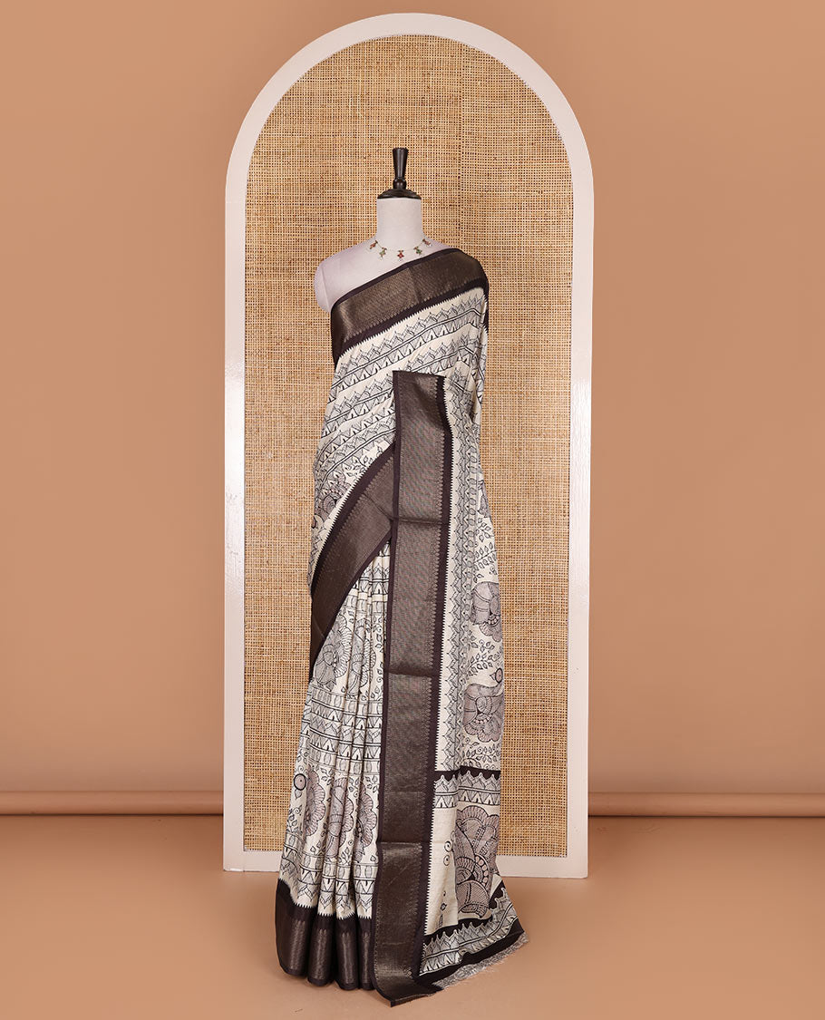 Cream-black flora, fauna, and geometric madhubani printed soft tussar saree, contrast zari border, peacock print pallu, and printed blouse