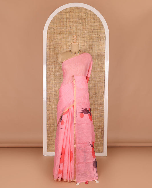 Pink sun and deer silhouette printed linen cotton saree, gold zari piping border, printed pallu, and a matching stripes printed blouse
