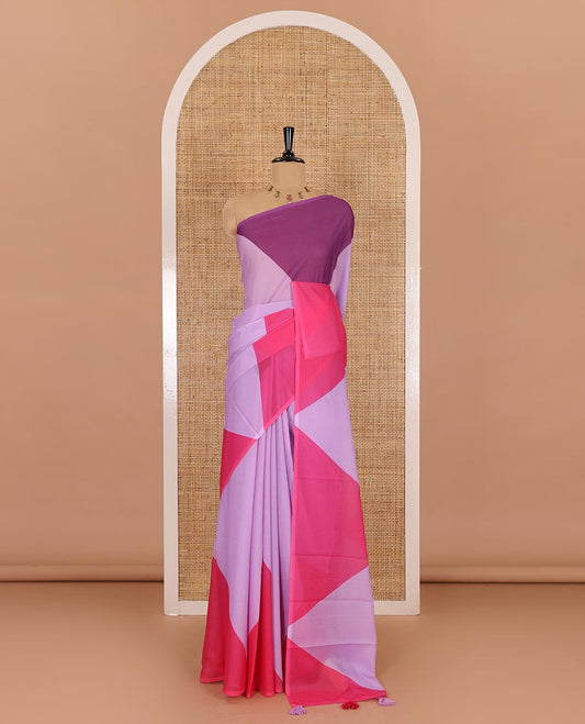 Borderless lavender plain moss chiffon saree, contrast double-sided temple border, self-pallu, and diamond-patterned printed blouse