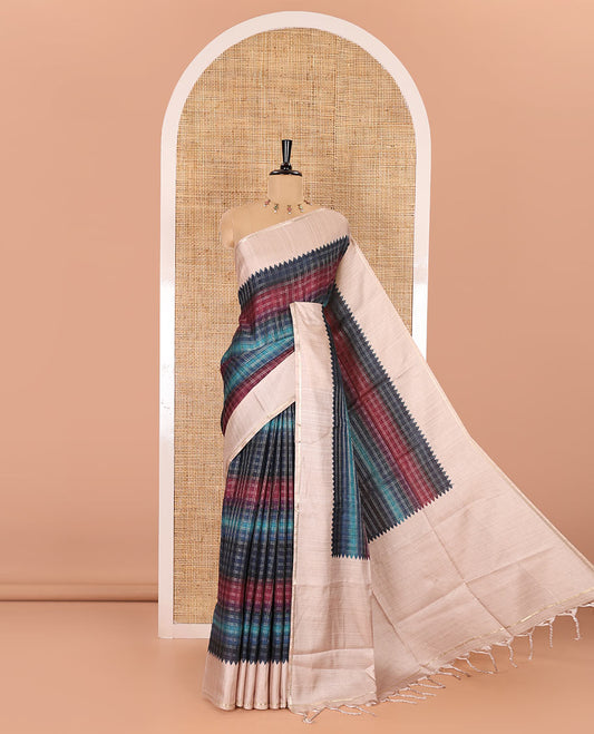 Blue checked semi-tussar saree, contrast temple border, contrast plain pallu, and a contrast plain blouse
