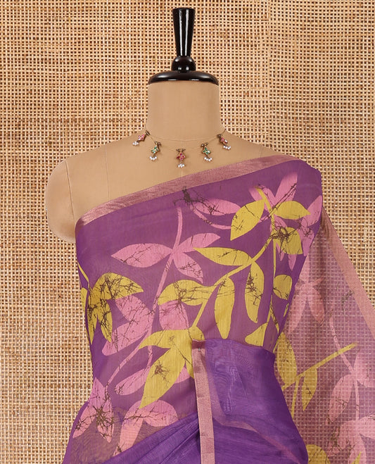 Yellow and lavender leaf vine batik printed half-and-half style linen cotton saree, piping border, and a batik printed matching blouse