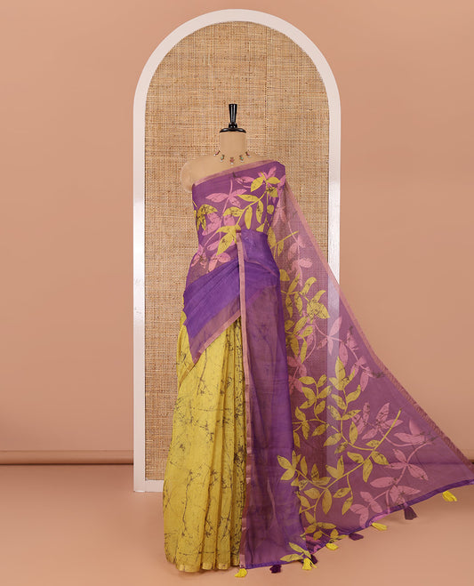Yellow and lavender leaf vine batik printed half-and-half style linen cotton saree, piping border, and a batik printed matching blouse