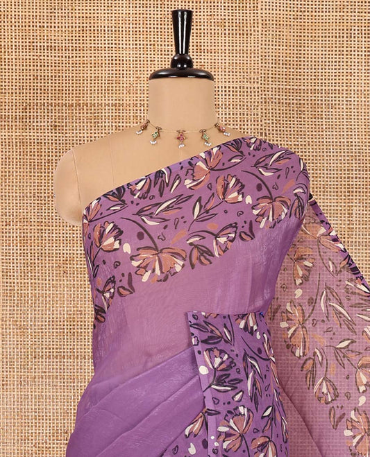 Lavender plain fendy chiffon saree, double-side floral motifs printed border, self-pallu, and no blouse