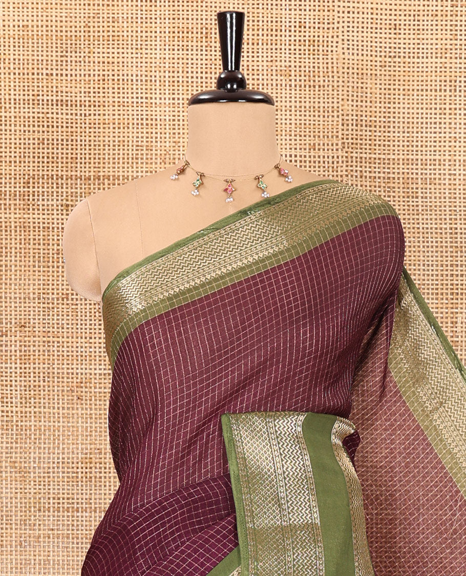 Wine checked moss chiffon saree with contrast traditional zari design border, checked pallu, and a contrast zari design blouse