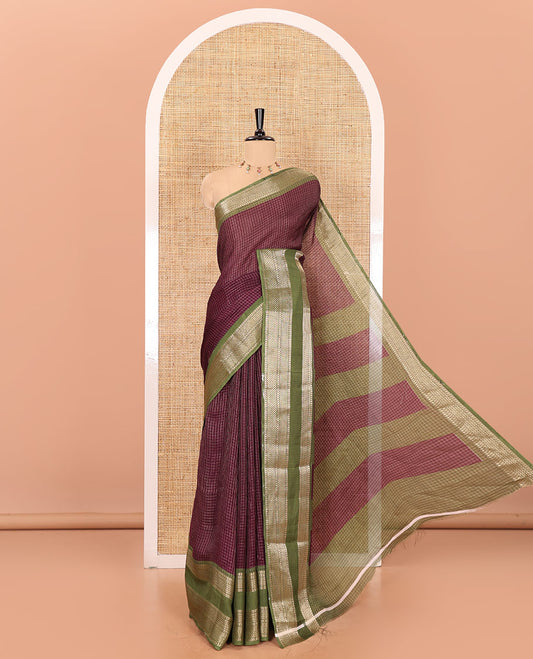 Wine checked moss chiffon saree with contrast traditional zari design border, checked pallu, and a contrast zari design blouse