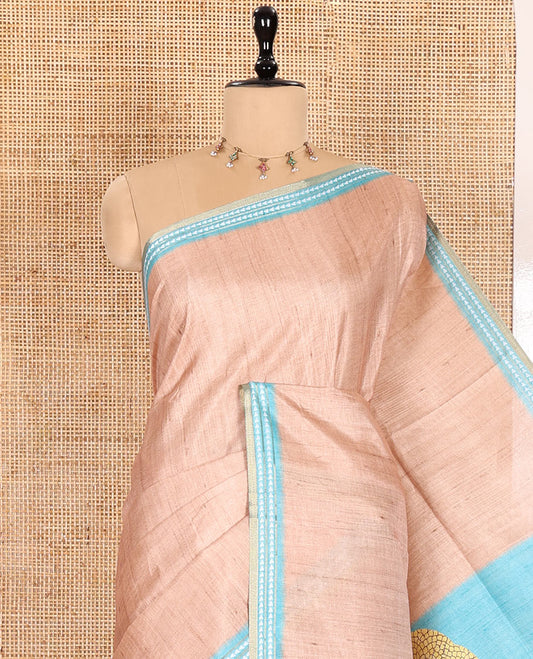 Chikku and Blue Plain Semi-Tussar Saree, Complemented by a Contrast Resham Thread Border, Tree of Life Printed Pallu, and Paired with a Contrast Bird Motifs Printed Blouse