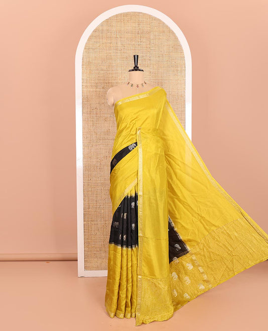 Yellow Russian Silk Saree Featuring Double-Sided Plain and Central Zari Elephant Motifs Weave, Accentuated by a Subtle Traditional Zari Border, Enhanced with a Zari-Designed Pallu, and Paired with a Blouse Depicting Meenakari Peacocks