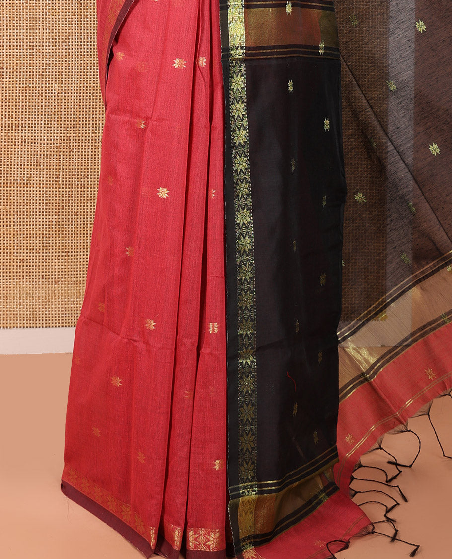 Red Kota Cotton Saree Beautified with Star-Style Zari Motifs All Over Its Body, Complemented by a Self-Border of Star Motifs, a Captivating Contrast Pallu of the Same Star Motifs, and a Contrast Blouse