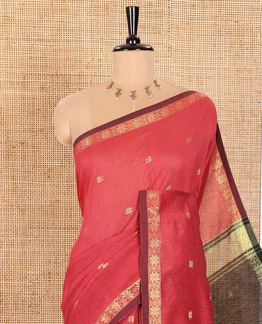 Red Kota Cotton Saree Beautified with Star-Style Zari Motifs All Over Its Body, Complemented by a Self-Border of Star Motifs, a Captivating Contrast Pallu of the Same Star Motifs, and a Contrast Blouse
