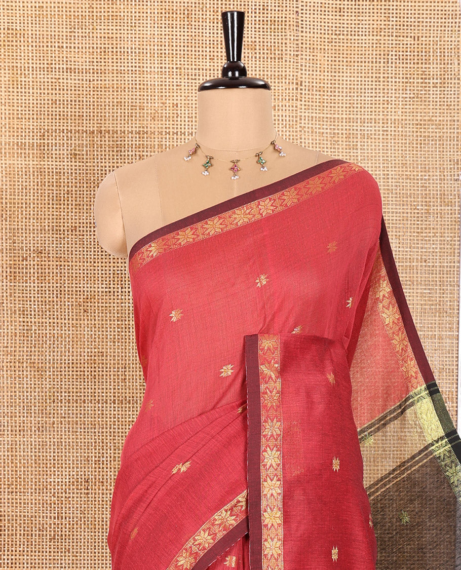 Red Kota Cotton Saree Beautified with Star-Style Zari Motifs All Over Its Body, Complemented by a Self-Border of Star Motifs, a Captivating Contrast Pallu of the Same Star Motifs, and a Contrast Blouse