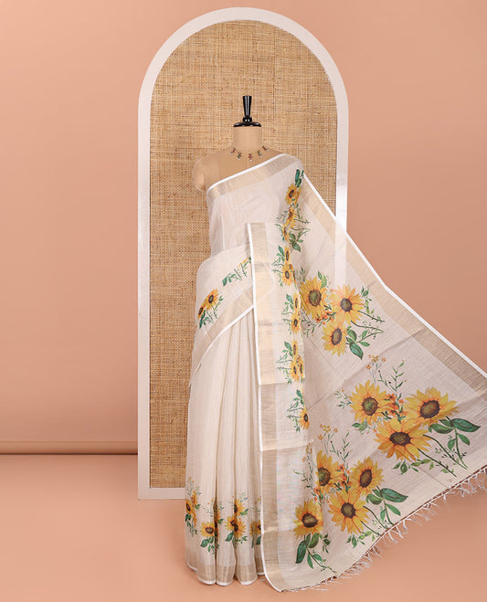 Cream Plain Tissue Saree, Mesmerized with Sunflower Motifs Printed All Over Its Body, Subtle Bavanji Border, Pallu Depicting Sunflower Motifs Print, and Paired with a Matching Sunflower Motifs Printed Blouse