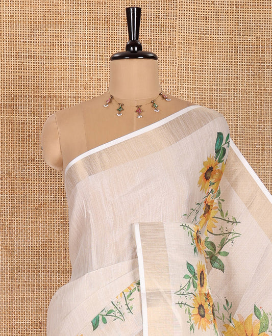 Cream Plain Tissue Saree, Mesmerized with Sunflower Motifs Printed All Over Its Body, Subtle Bavanji Border, Pallu Depicting Sunflower Motifs Print, and Paired with a Matching Sunflower Motifs Printed Blouse