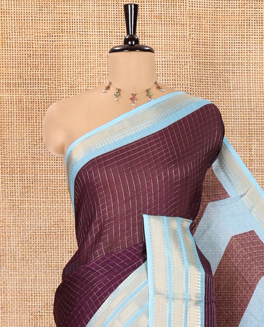Violet Moss Chiffon Saree, Decked Up with Zari Checks All Over Its Body, Complemented by a Contrast Traditional Zari Design Border, Zari Striped Pallu, and Paired with a Contrast Blouse