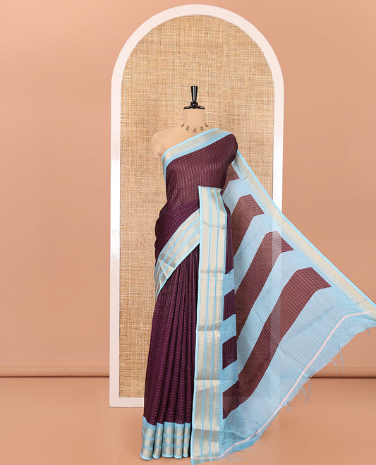 Violet Moss Chiffon Saree, Decked Up with Zari Checks All Over Its Body, Complemented by a Contrast Traditional Zari Design Border, Zari Striped Pallu, and Paired with a Contrast Blouse
