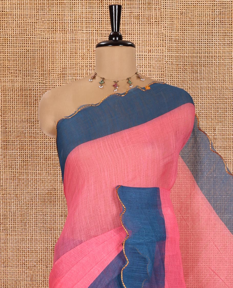 plain poth saree Pink Plain Linen Cotton Saree, Complemented by Contrast Scallop Border