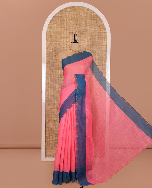 Pink Plain Linen Cotton Saree, Complemented by Contrast Scallop Border, Plain Pallu, and Paired with a Contrast Floral Printed Mirror Embroidered Blouse