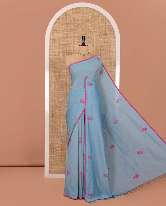 Borderless Pale Blue South Cotton Saree, Adorned with Floral Motifs, Block Printed on  Its Body, Printed Pallu, Comes with a Matching Blouse, and a Contrast Block Printed Blouse