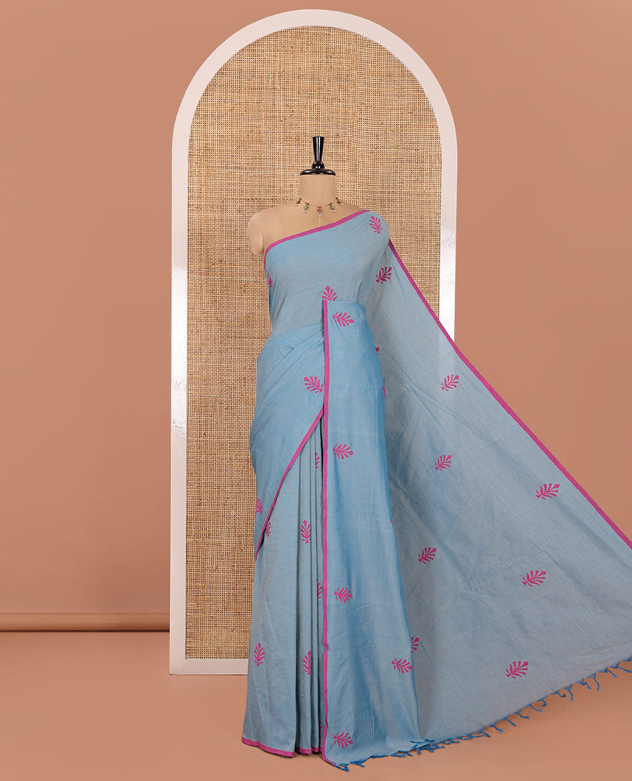 Borderless Pale Blue South Cotton Saree, Adorned with Floral Motifs, Block Printed on  Its Body, Printed Pallu, Comes with a Matching Blouse, and a Contrast Block Printed Blouse