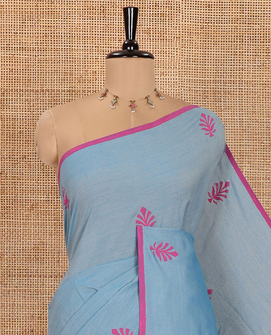 Borderless Pale Blue South Cotton Saree, Adorned with Floral Motifs, Block Printed on  Its Body, Printed Pallu, Comes with a Matching Blouse, and a Contrast Block Printed Blouse