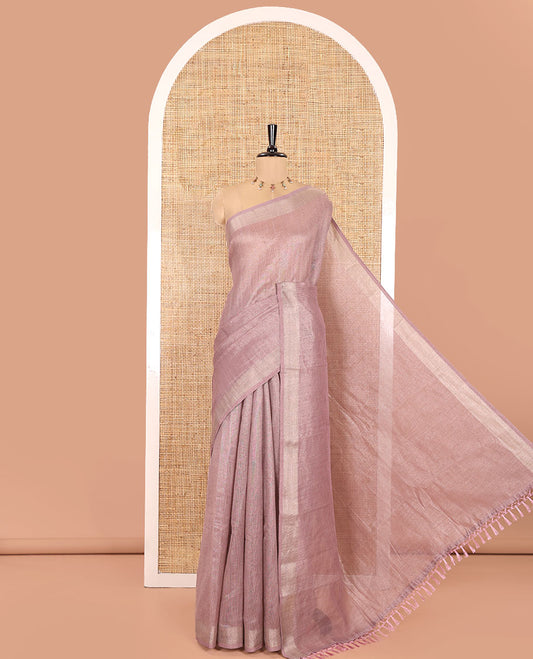 Mauve Tissue Saree, Gleamed Up with Zari Striped on Its Body, Highlighted by a Zari Border, Pallu Steeped with Zari Stripes, and Paired with a Matching Blouse