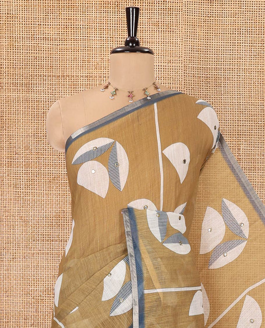 Green Linen Saree, Subtly Sparkled with Geometric Print and Mirror Work on Its Body, Subtle Piping Border, Pallu Steeped with Geometric Patterns, and Paired with Unique Motifs Printed Contrast Blouse