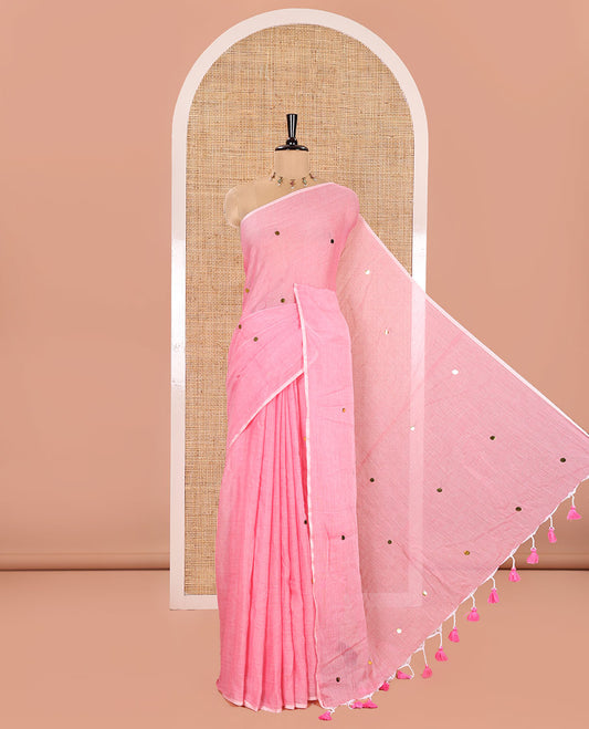 Borderless Pink Khadi Mul Cotton Saree, Adorned with Sequin Work on Its Body and Pallu, and Paired with a Matching Blouse