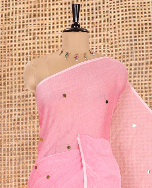 Borderless Pink Khadi Mul Cotton Saree, Adorned with Sequin Work on Its Body and Pallu, and Paired with a Matching Blouse