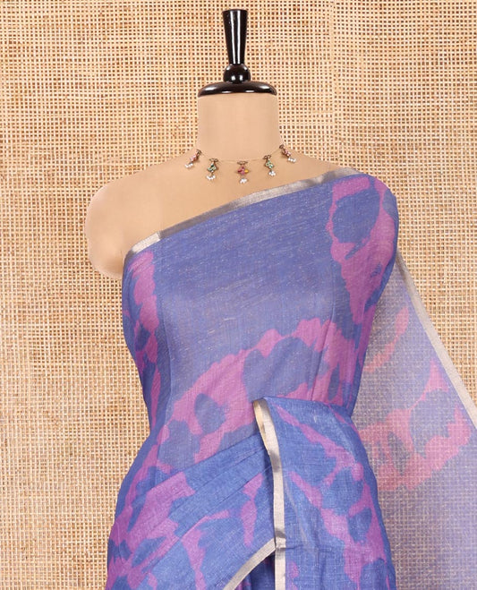 Blue Linen Cotton Saree, Bedecked with Shibori Printed on Its Body, Subtle Piping Border, Pallu Features Floral Print, and Paired with a Contrast Floral Printed Blouse