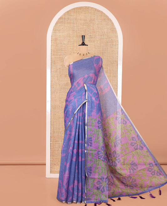 Blue Linen Cotton Saree, Bedecked with Shibori Printed on Its Body, Subtle Piping Border, Pallu Features Floral Print, and Paired with a Contrast Floral Printed Blouse